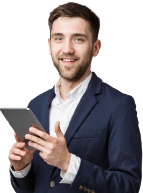 Business concept portrait handsome business man playing digital tablet with smiling confident